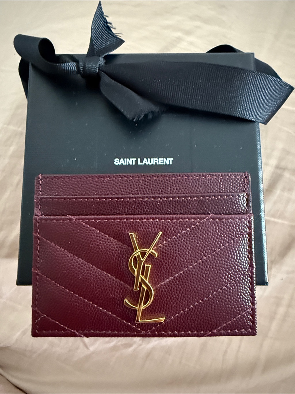 Nib Saint Laurent Burgundy Leather Card Case With Gold Ysl Monogram